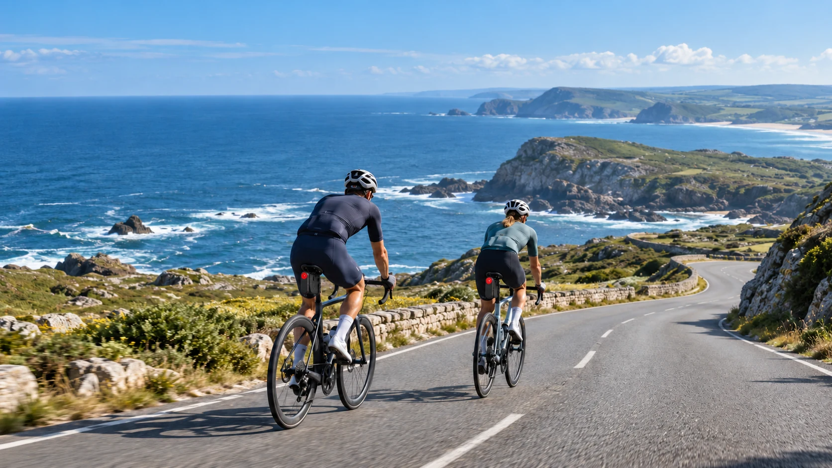 Deux cyclistes longeant la côte atlantique, avec Pocket Small et un radar orienté vers l’arrière sous chaque selle