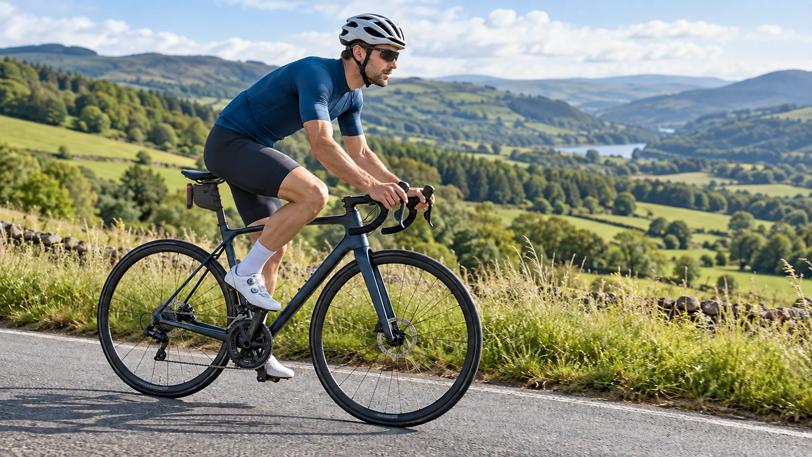 A road cyclist climbing through green countryside with Pocket Small and a rear-facing radar beneath the saddle